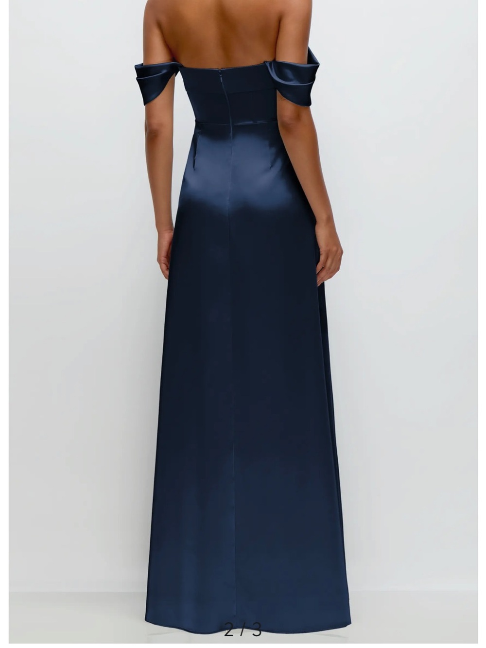 After Six Navy Off-Shoulder Satin Gown with Front Slit - Picture 2 of 4